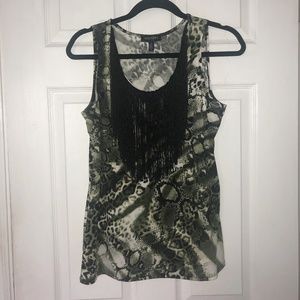 Animal Print Tank-Top with Black Fringe